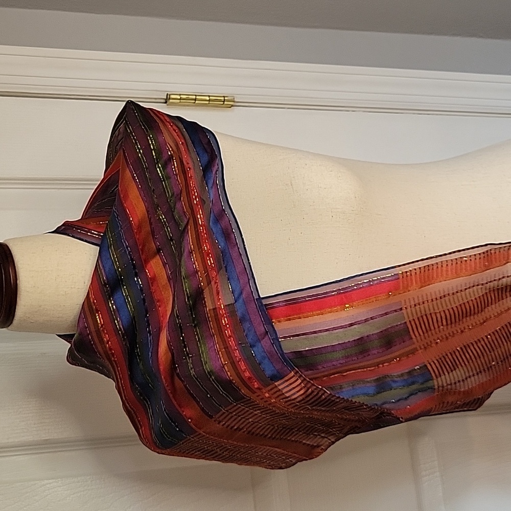 Multicolor. Gold thread, rainbow sheer silk scarf